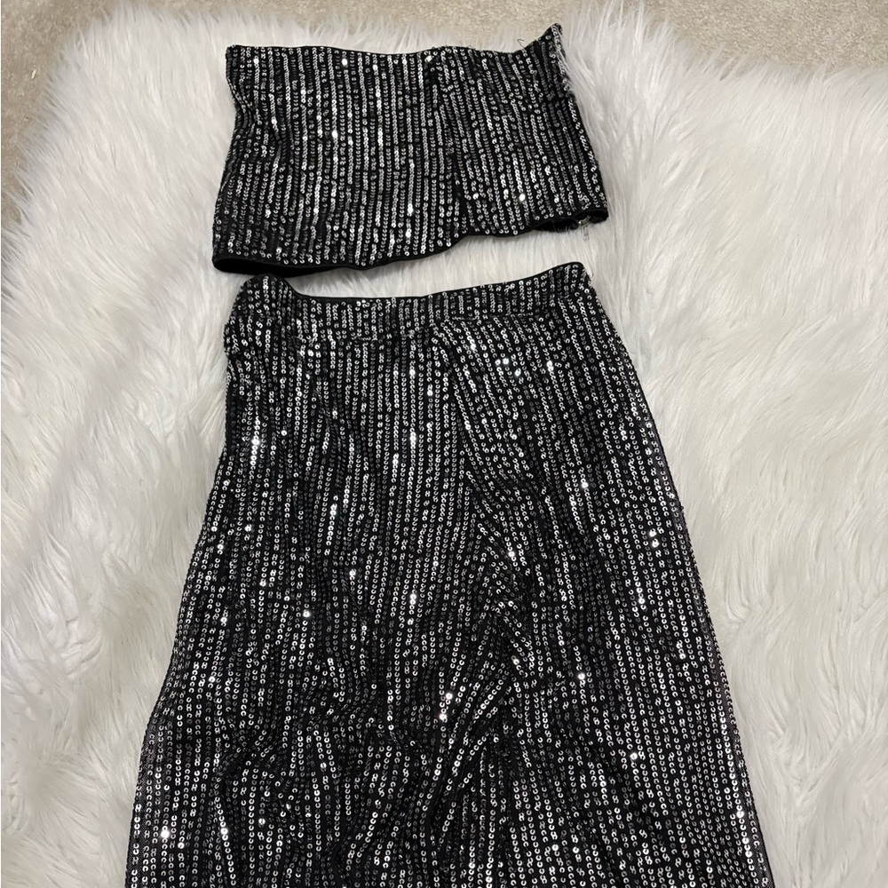 Glam Date Night Disco Black Silver Sequin Tube Top Wide Leg Pant Set